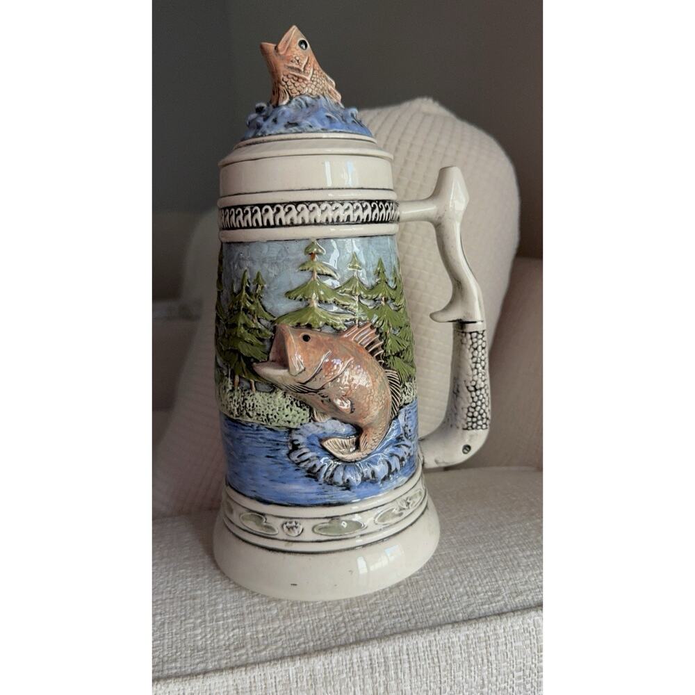 German Stein Decorative Fishing Scenes Decor Holds 40oz